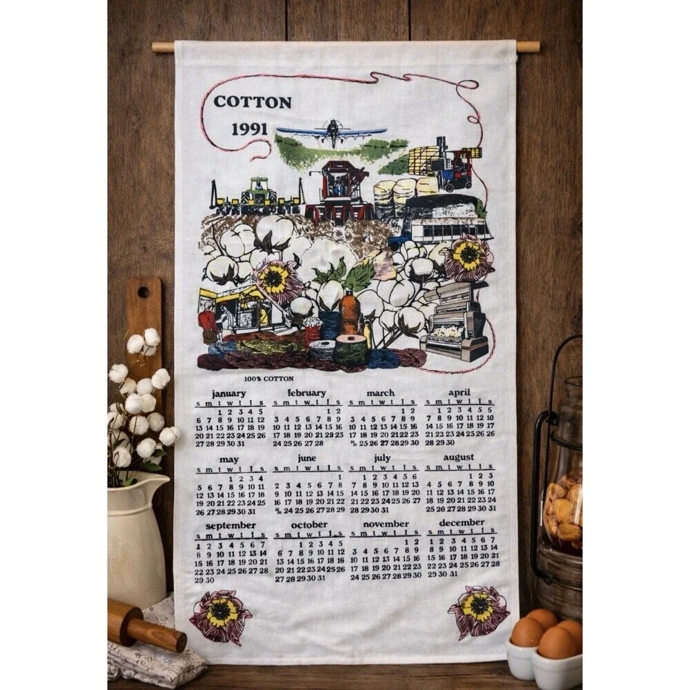 Vtg 1991 Kitchen Towel Calendar Cotton Rustic Farm Country 16x27